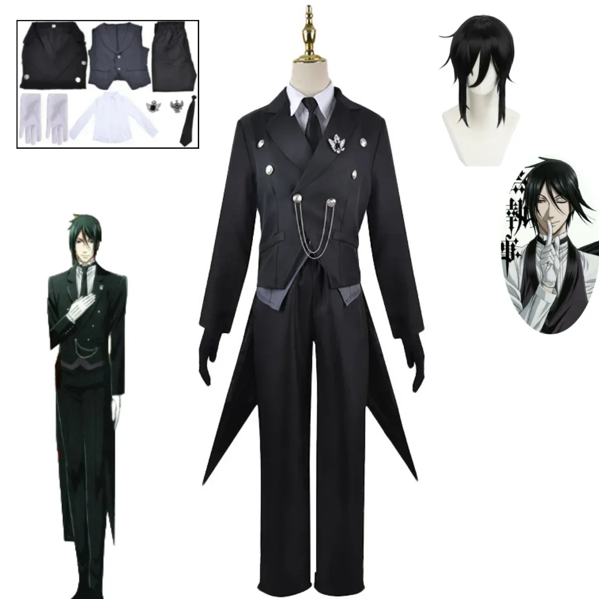 

Kuroshitsuji Sebastian Michaelis Cosplay Costume Anime Black Butler Suit Uniform Tailcoat Makeup Ball Unisex Dress Party Dress