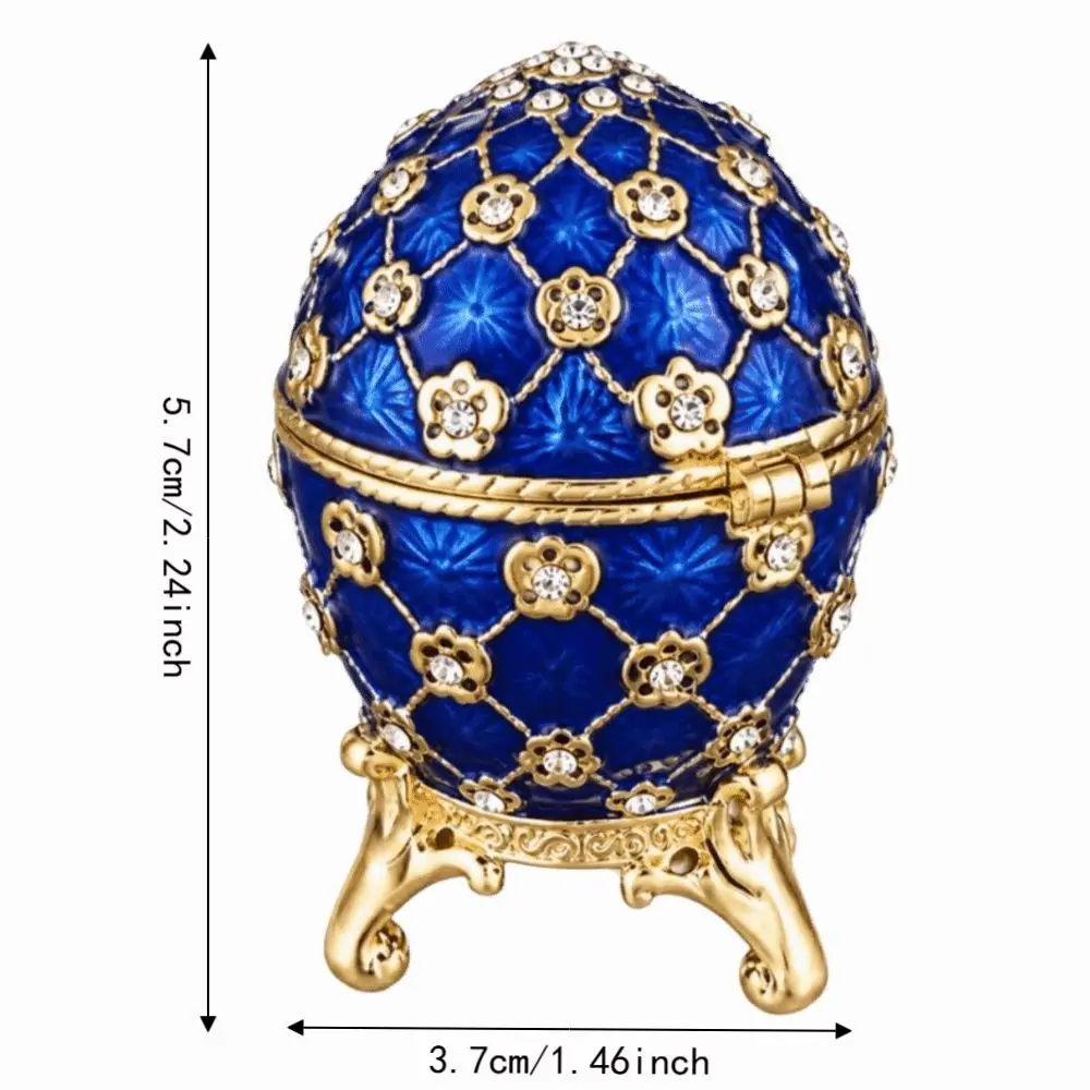 Compact Enamel Jewelry Box Hinged Lid Rhinestone Decoration Egg Trinket Box Zinc Alloy Blue Color Hinged Jewelry Box