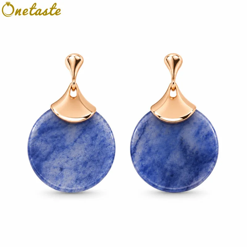 Round Blue Aventurine Stone 925 Silver Teardrop Drop Dangle Earrings For Women Gold Plated Simple Dainty Trendy Earring Gift