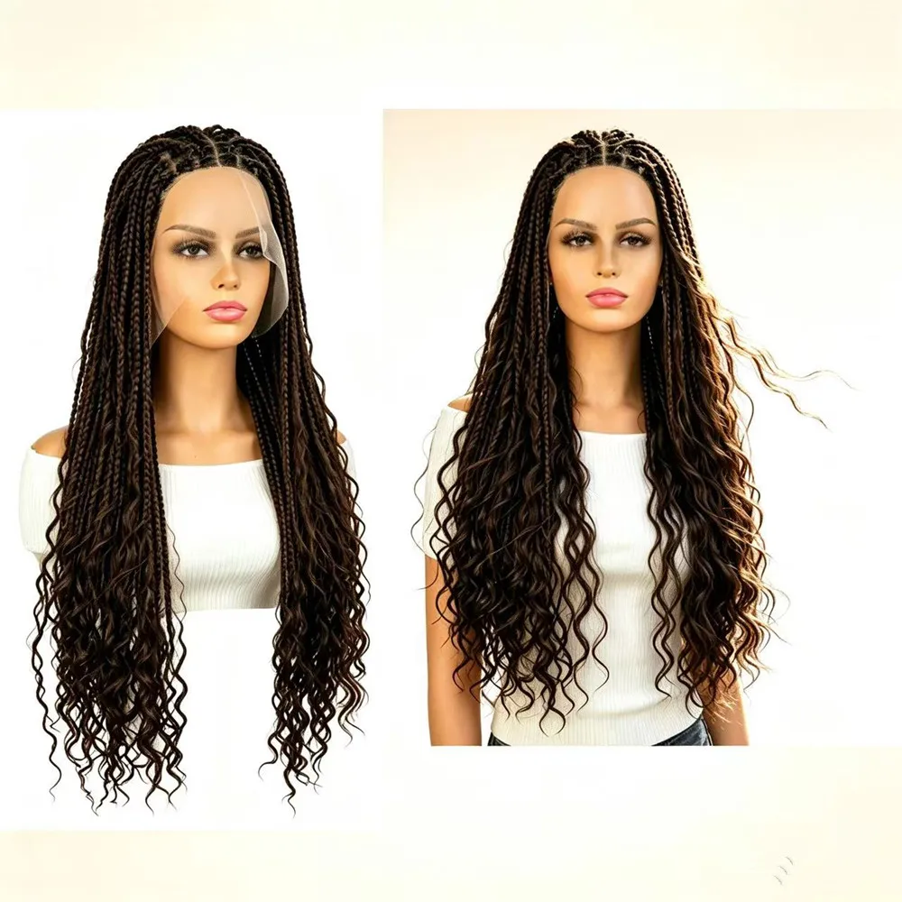 32 Inch Box Braid Wig for Women Lace Frontal Synthetic Curly Ends Low Temperature Wig 475g Daily Party Use