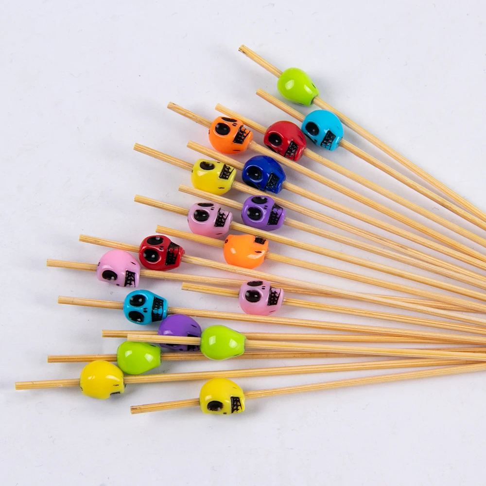 100pc Skull Bamboo Pick Buffet Fruit Fork Dessert Sticks Cocktail Skewer Disposable Fruit Bamboo Picks Toothpick Halloween Decor