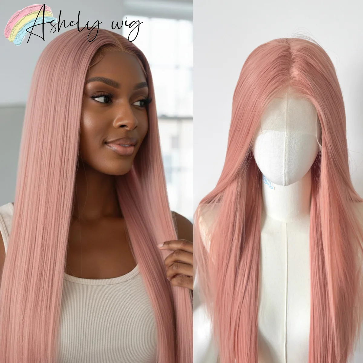 

Попельно-розовый парик 26 дюймов 13x4 парик фронта шнурка длинные прямые синтетические парики шнурка термостойкие волокна парики для косплея