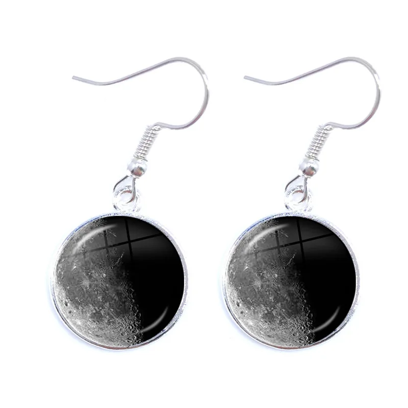Phase Of The Moon Pattern Drop Earrings 16mm Glass Cabochon New Moon Lunar Eclipse Adjustable Jewelry for Astronomy Enthusiast