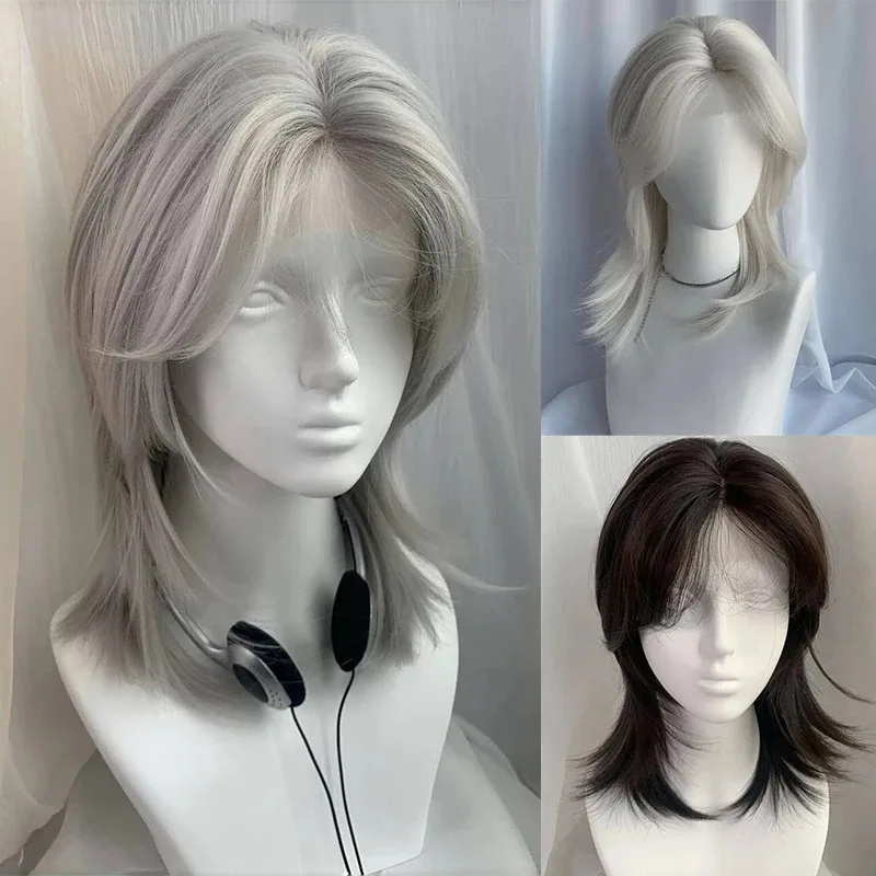 Lolita peruca sintética testa laço lobo cauda curto cabelo encaracolado prata cinza camadas diariamente fofo peruca cabeça cheia unisex diário hallo