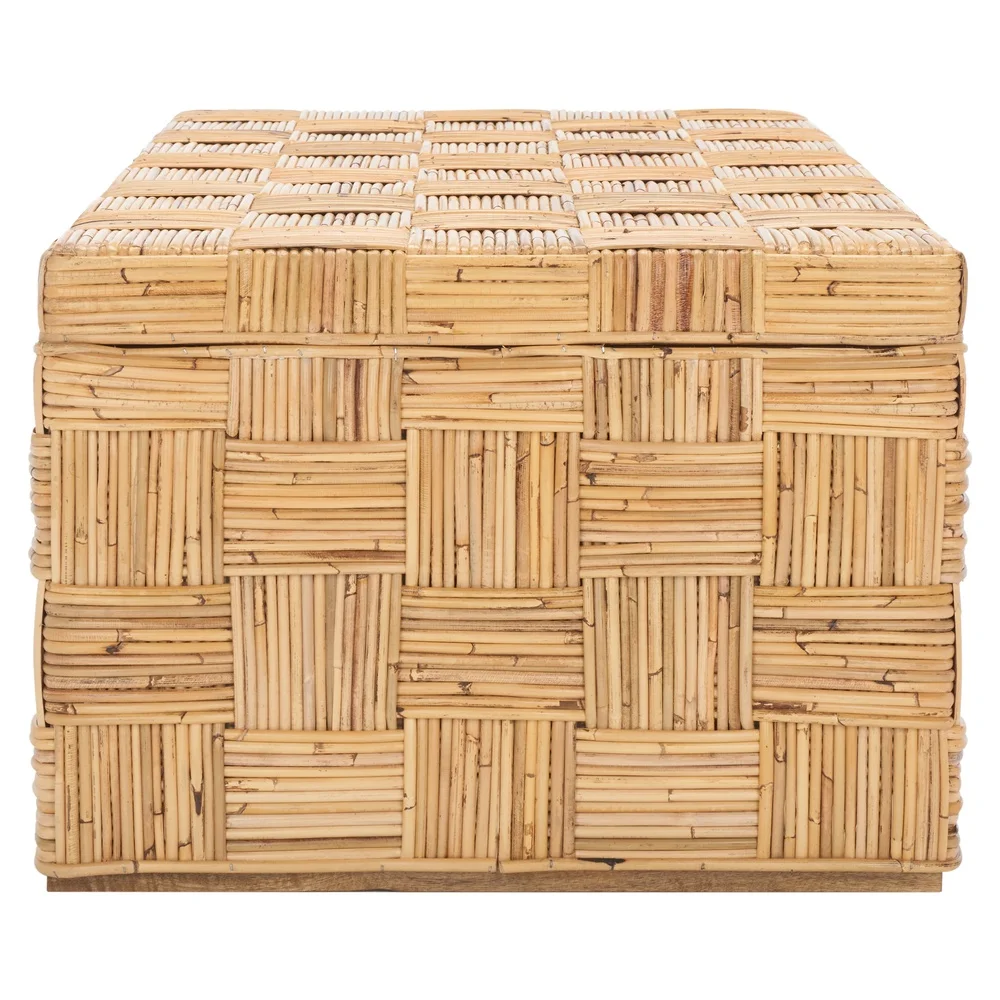 Coastal Checkered Rattan Coffee Table Honey Natural Indoor Furniture Rectangle Design No Assembly Required Home Decor