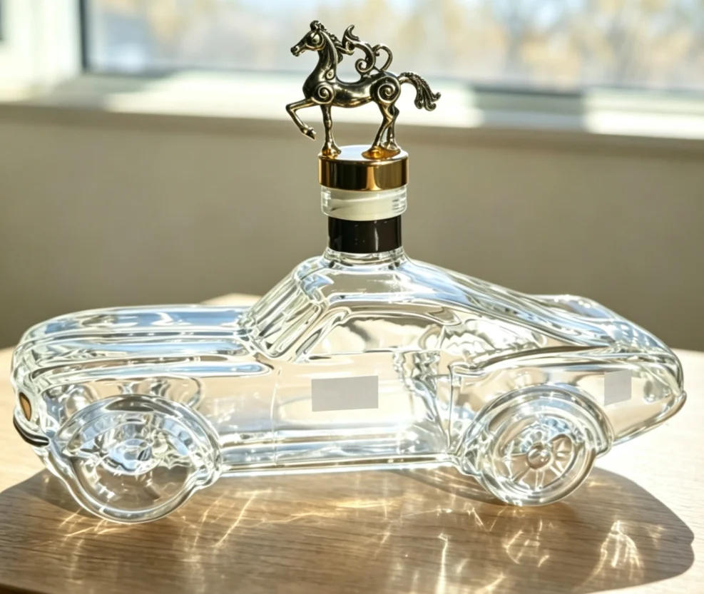 Hot Selling Police Car Whiskey Bottle New Design Car Shaped Glass Wine Bottle Whiskey Glass Transparent Mustang Whisky Bottle