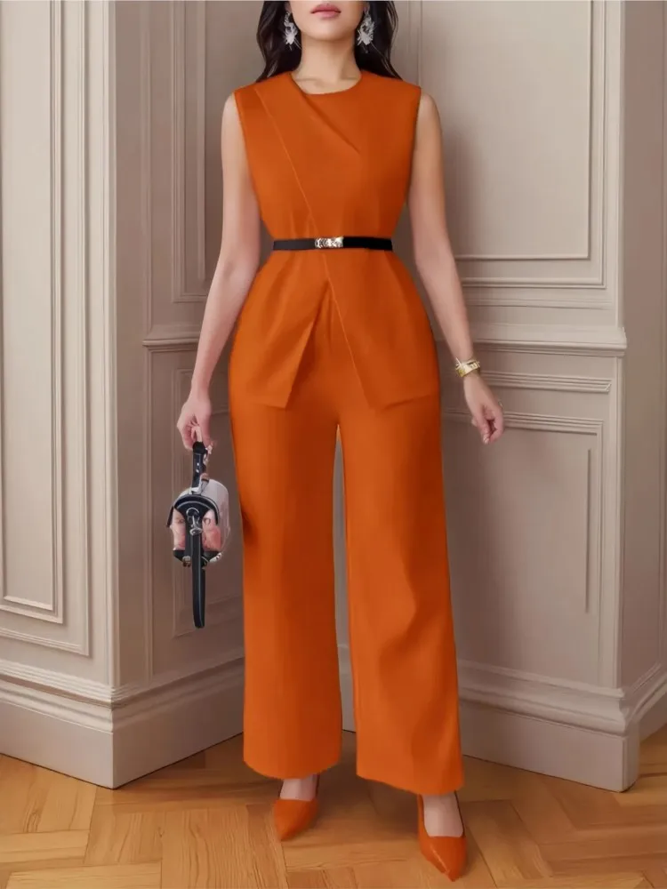 

Female Fashion Solid Color Two-piece Set Spring Summer Office O-neck Sleeveless Top Straight-leg Pants Suit Lady Elegance Outfit