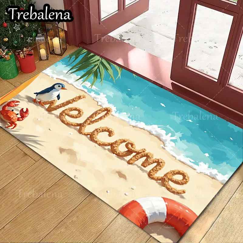 

1pc Welcome Door Mat Beach Welcome Mat with Crab Penguin and Lifebuoy Design for Home Decor