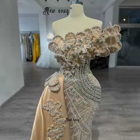 Gold One Shoulder Sparkly Evening Dress With Satin Overskirt Mermaid Beaded Lace Wedding Prom Events Dress Dubai Gown Customized