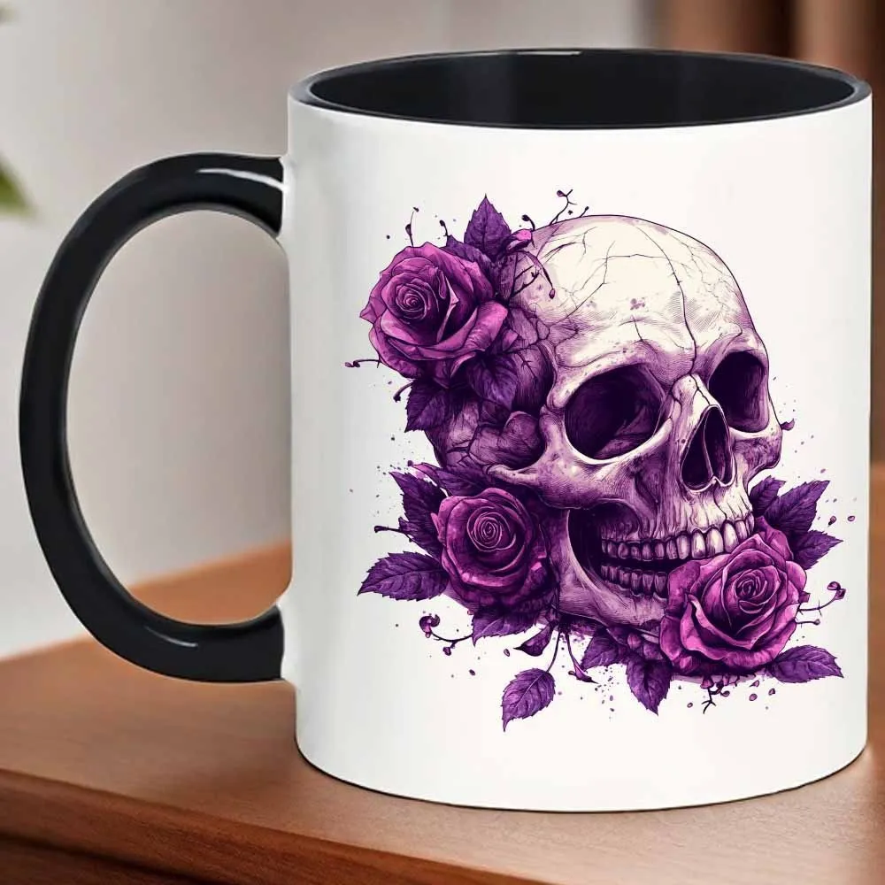 1pc Gothic Black Coffee Cup with Purple Roses & Skull - Ceramic Mug for Home, Office, Camping - Hot/Cold Drinks - Durable Ceramic Mug with Gothic Design - Unique Gift for & - 11oz Capacity (No Assembly Required)