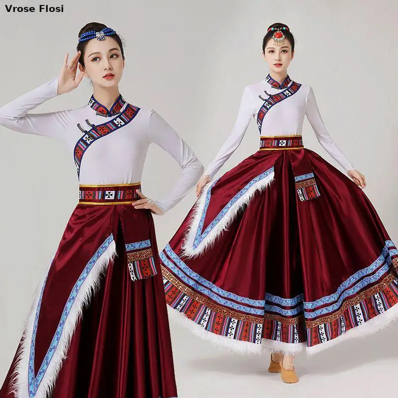 

2025 тибетский танец, большая юбка, новый стиль, женский костюм для экзамена по искусству меньшинств, этнический стиль, комплект танцевальных костюмов для взрослых