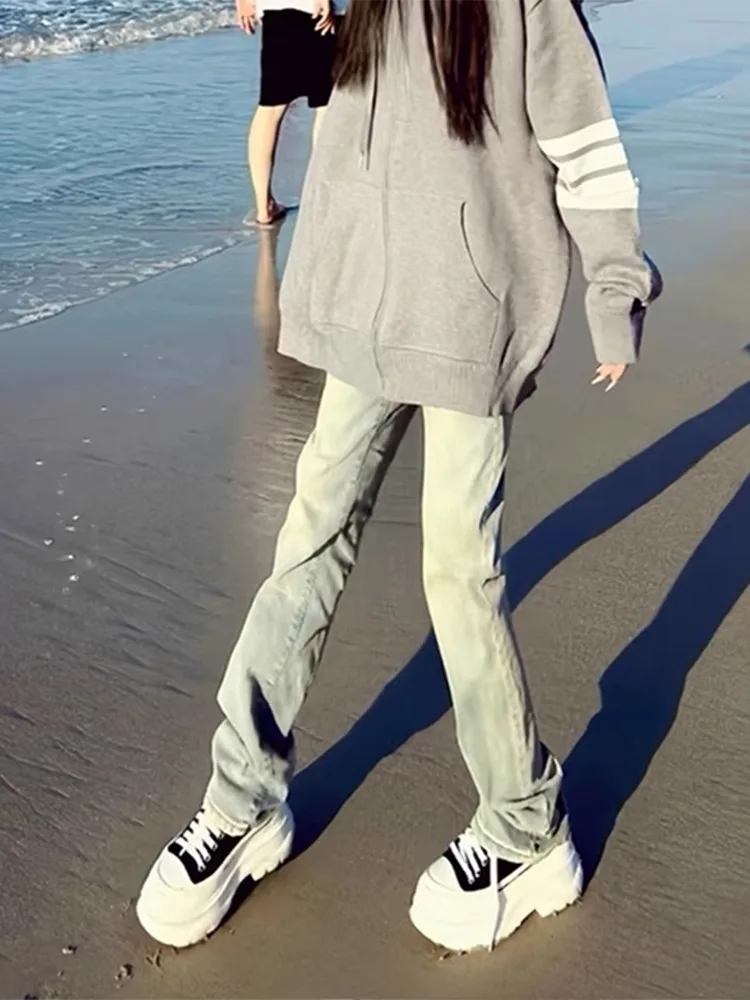 

Желтые грязевые джинсы с подкладкой на подкладке, облегающие джинсы High Street, американские высокие прямые брюки-клеш, мужские зимние теплые боты