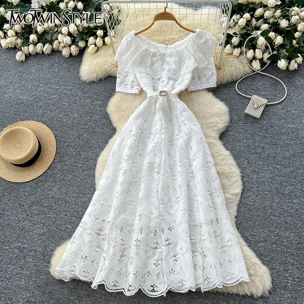 

TWOTWINSTYLE Slimming Hollow Out Elegant Solid Dresses For Women Round Neck Short Sleeve High Waist Chic Dress Female KDR542765