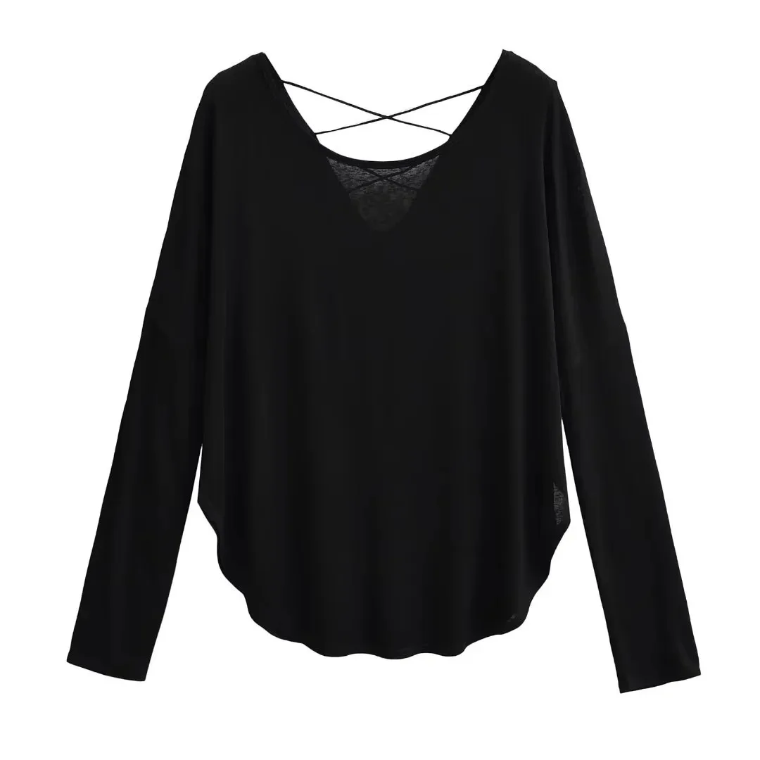 Long Sleeve Loose Fit Top Mid Length Streetwear with Crew Neck Sheer Wrinkle Finish Pullover T Shirts for Women