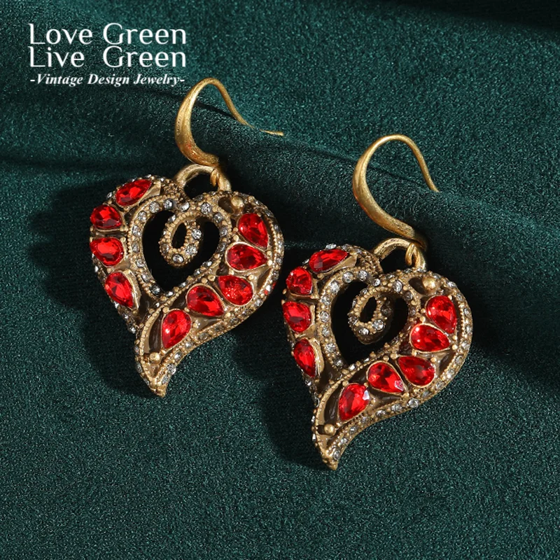 

Vintage Red Heart Earrings Woman Water Drop Crystal Zircon Hook Gold Color Wedding Designed Valentine'S Day Gift For Girlfriend