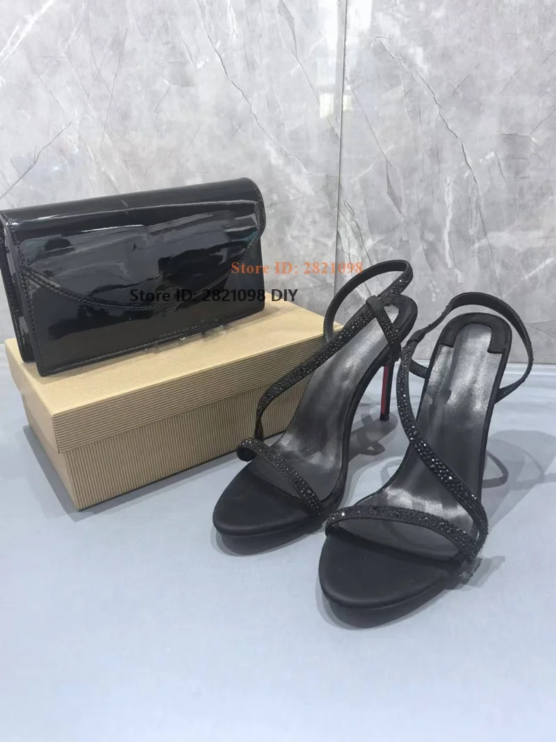 Sandálias de salto fino de 10cm de couro de cristal brilhante preto com mini bolsa ferrolho deslizamento em sapatos femininos de verão de salto alto para festa