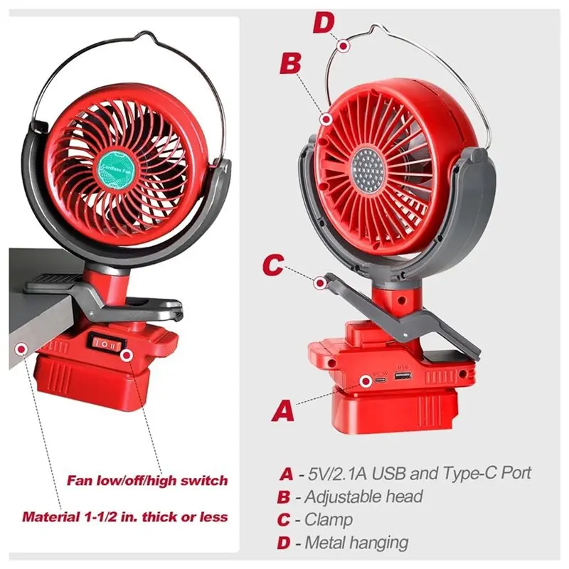 NEW!A61I Clip-On Fan Cordless, Battery Not Included, 2-Speed, 270°& 300° Rotation For Camping, Outdoor, Job Site& Bedroom