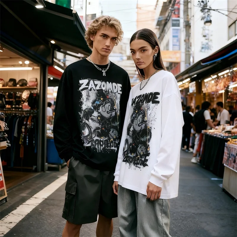 

ZAZOMDE Korean Style Fashion High Street Unisex Long Sleeve Tshirt Cotton Comfort Fit Streetwear Top With Trendy Cartoon Print