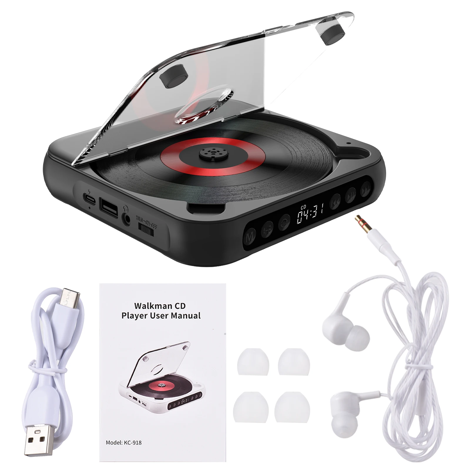 CD Player Portable BT Music Player CD Runner with Dustproof Cover 6 Modes A-B Repeat Timer Remote Control External Playback