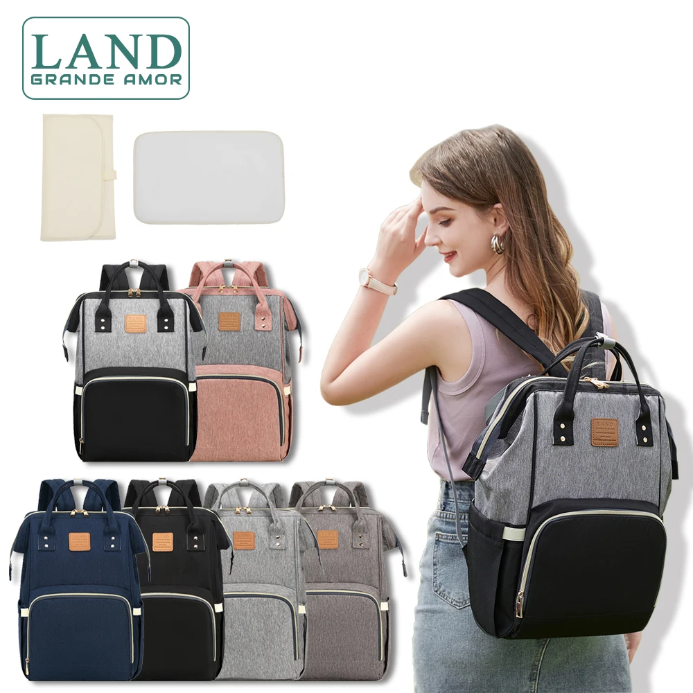 

LAND Authentic Mommy Diaper Bags Mother Large Capacity Travel Nappy Backpacks anti-loss zipper Nursing Bag pinkgray
