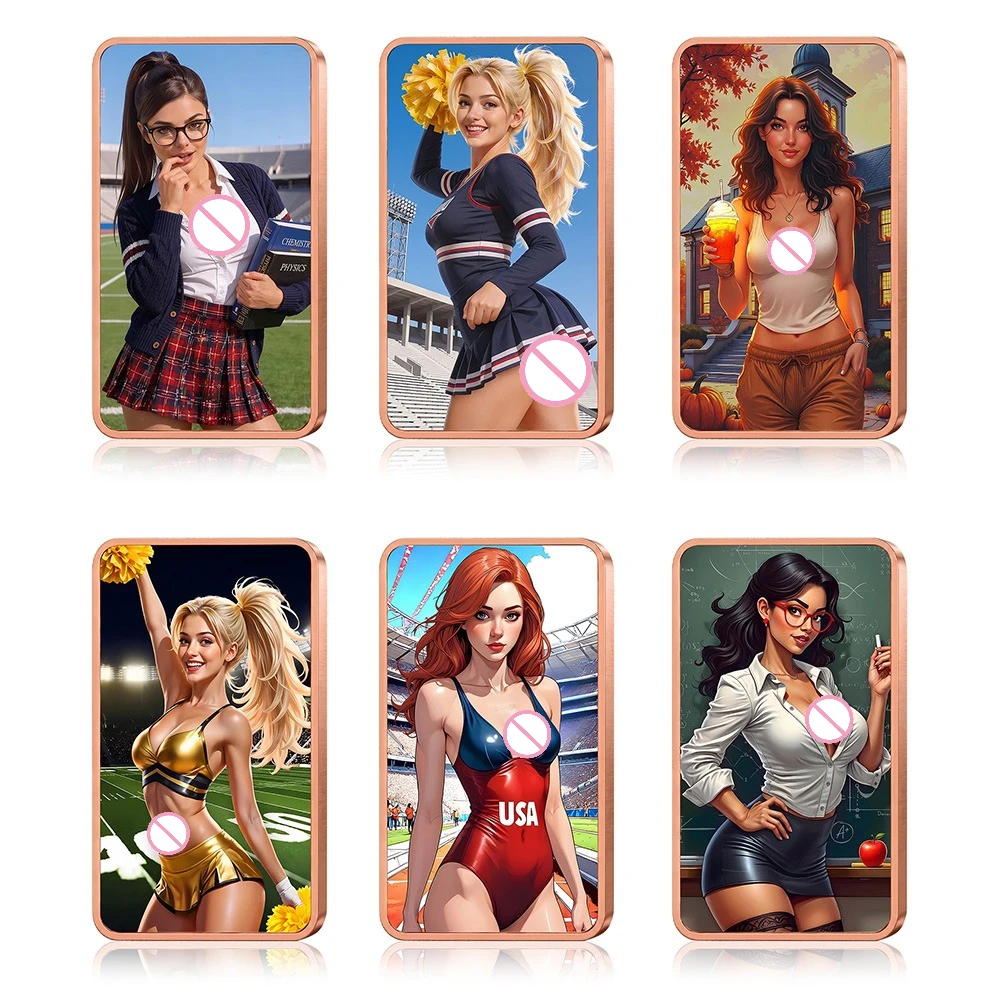 1 Oz Copper Bar Cheerleader Student Girl Color Printed Art Bullion Ingot Metal Collectible Bar Souvenir Gift for Coin Collectors