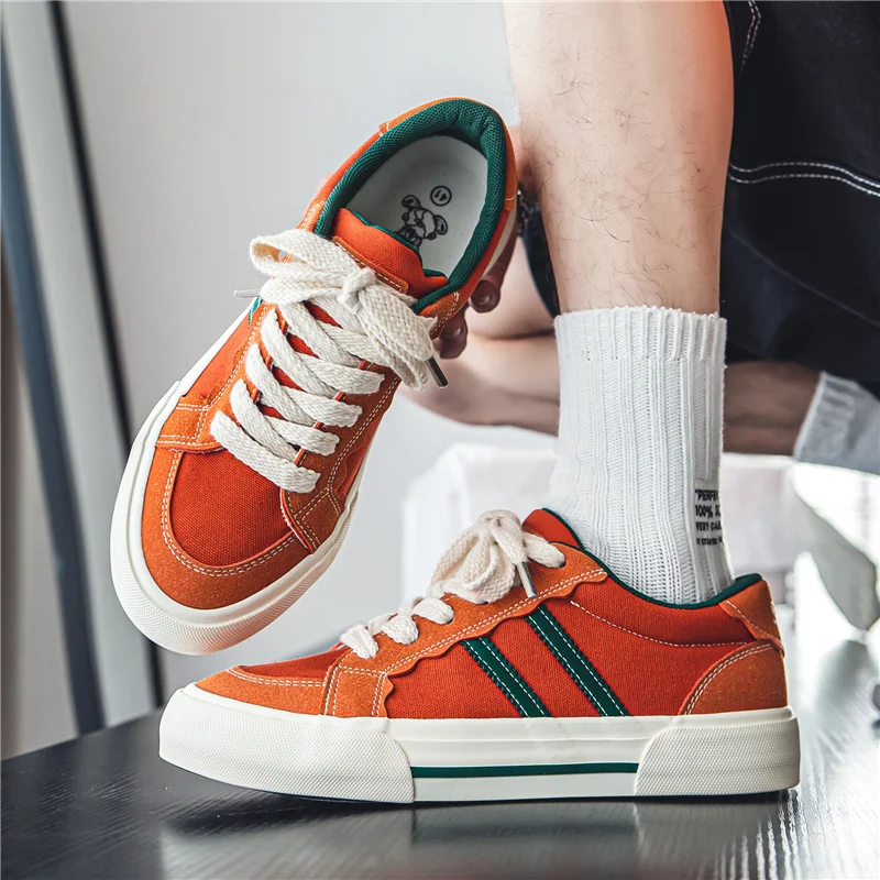 Chaussures de Skate en Toile Respirante pour Homme, Espadrilles Décontractées, Basses, de Couleur Orange, à la Mode