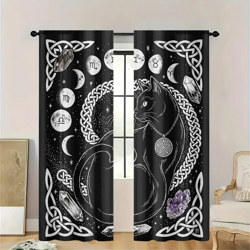 Celestial Astrology Curtain Boho Moon Phase Zodiac Signs Crystal Window Drapes Mystic Tarot Witchy Gothic Home Decor Accent Trea