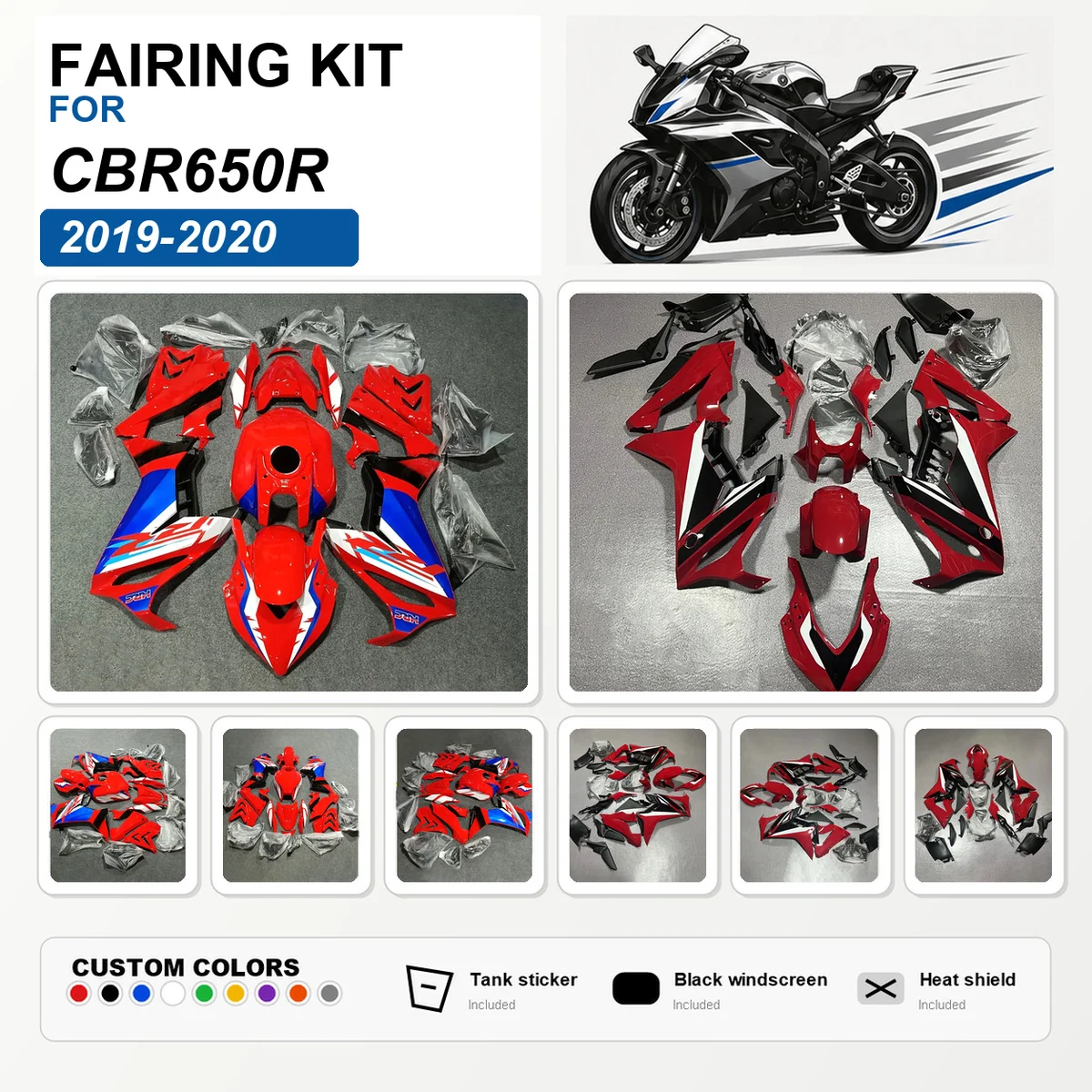 For CBR650R 2019 2020 Motorcycle Fairing Kit Injection Molded ABS Custom Painted Fairings Bodywork Cowl Panels Red Blue