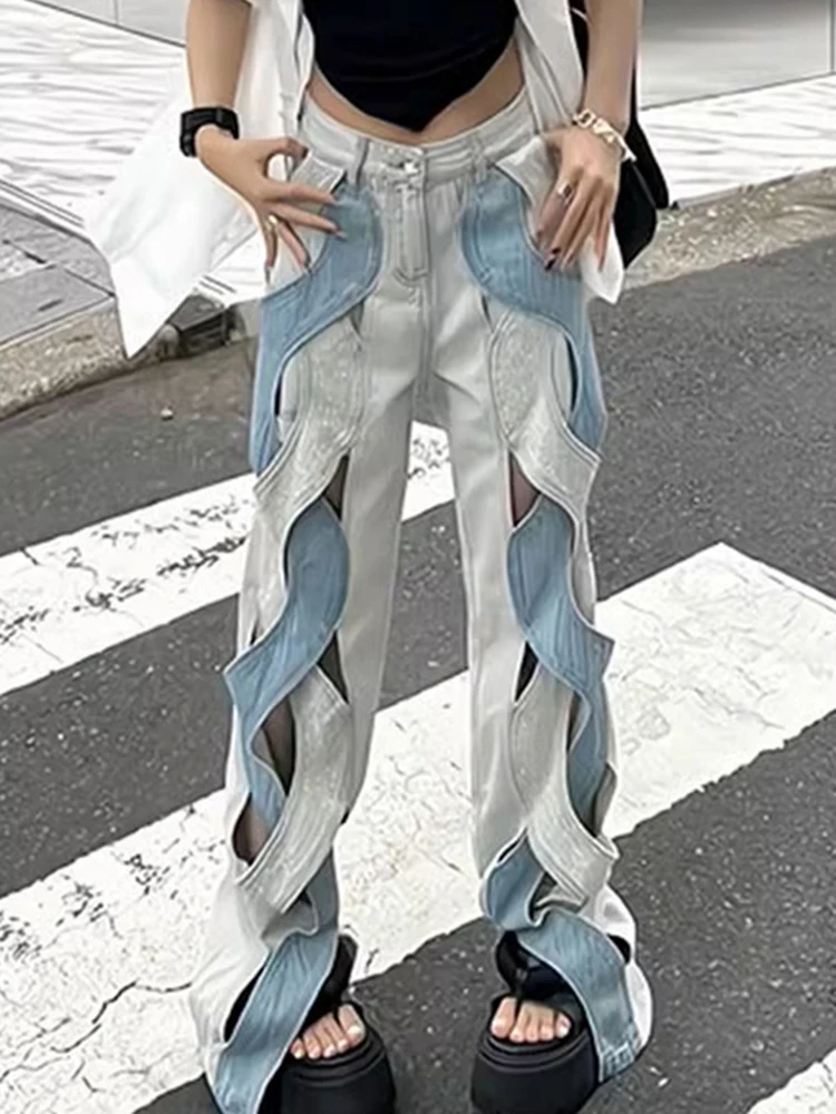 GALCAUR Crisscross Hollow Out Denim Trousers For Women High Waist Patchwork Pocket Spring Casual Hit Color Wide Leg Pants Female