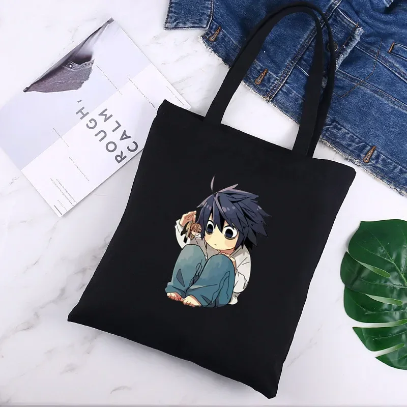 Death Note Japan Anime Manga Women Handbags Black Canvas Tote Shopping Bags Reusable Shopping Bag Eco Foldable