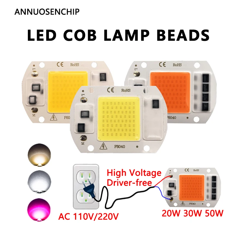 New 20W 30W 50W LED COB Lamp Beads AC 110V 220V High Voltage Driver-Free Linear Light Source Panel Warm Cool White Full Spectrum