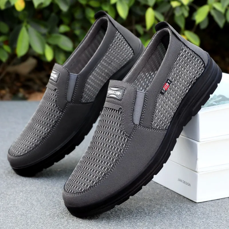 Mocasines de malla transpirable para hombre, parte superior de tela tejida, suela gruesa antideslizante, zapatos planos informales ligeros para caminar para personas mayores