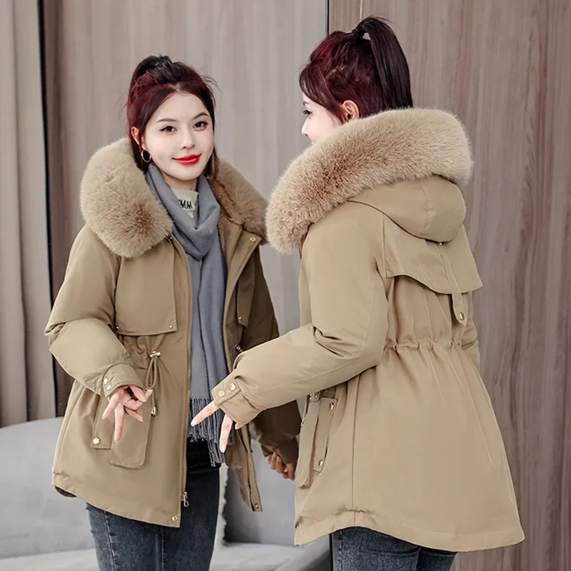 Winter Warm Fur Collar Hooded Women Parka Fashion Comfortable Zipper Pockets Design Long Jacket Elegant Slim Thick Female Coats