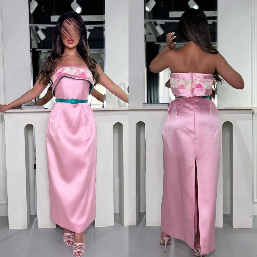 

Customized Satin Beading Sash Ruched Quinceanera A-line Strapless Bespoke Occasion Gown Midi Dresses