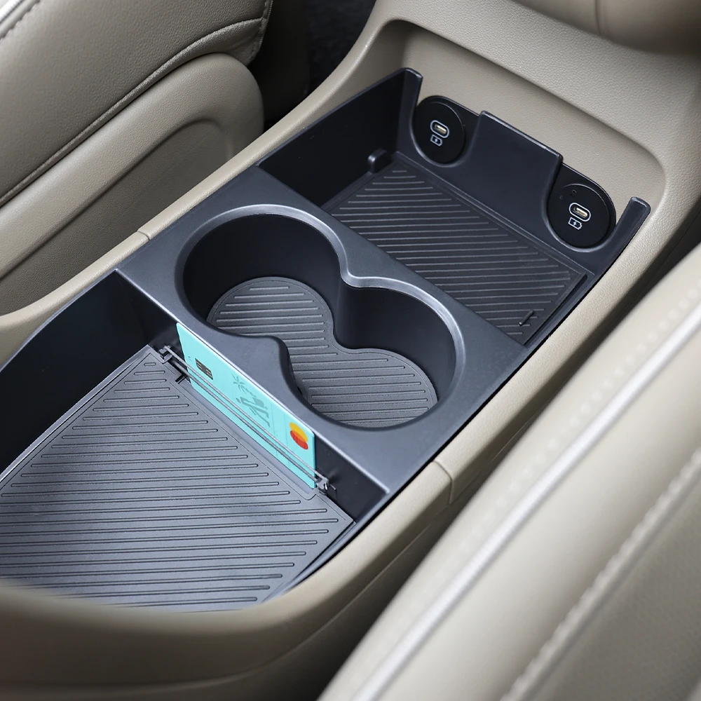Auto-Innenraum-Zierleiste Schwarzer Getränkehalter/Zentrale Aufbewahrungsbox Konsolen-Armlehnen-Organizer Halter aus ABS-Material für Hyundai IONIQ 5 2025