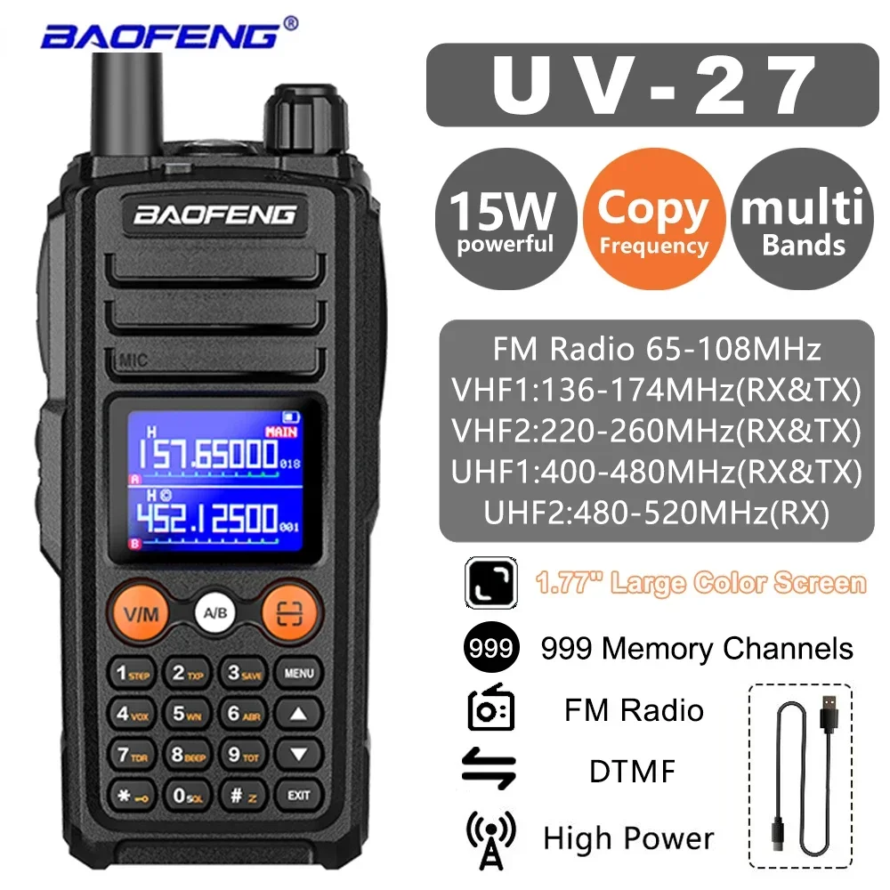 Baofeng UV-27 15W Walkie Talkie Long Range Wirless Copy Frequency 999CH Two Way Ham Radio Vhf Uhf FM Type-C port Portable Radio