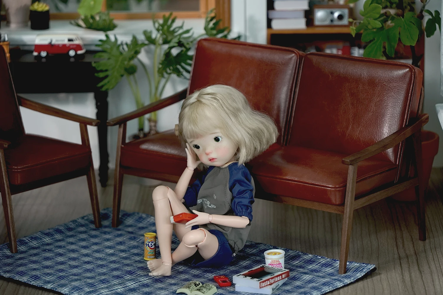 1/6 인형 집 모델 가구 액세서리 미니 모델 단단한 나무 더블 소파