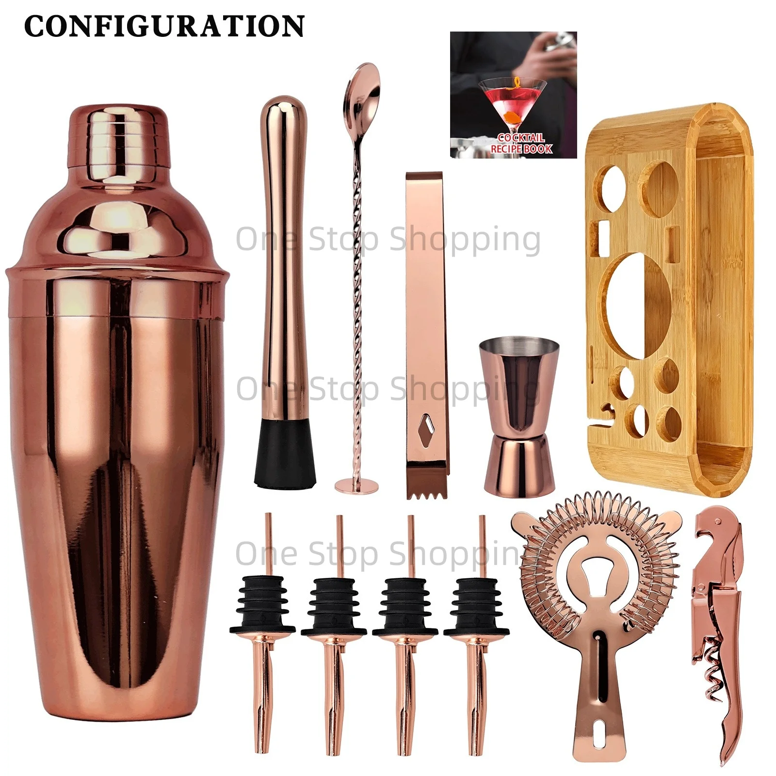12PCS Cocktail Shaker Set Barkeeper Kit Bar Set Bambus Ständer Matini Shaker Rührlöffel Muddler Jigger Cocksrew für Barware Set – Detail 14