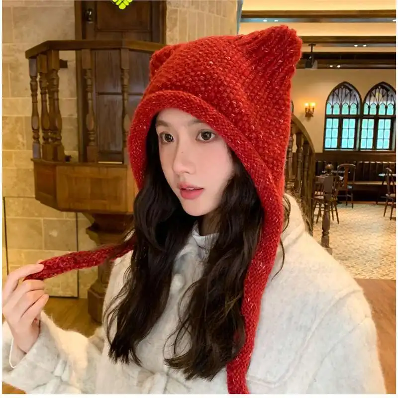 Cute Bear Ears Split Straps Knitted Beanie Cap Women Warm in Winter and Protect Their Ears From Cold Knitted Bomber Hat