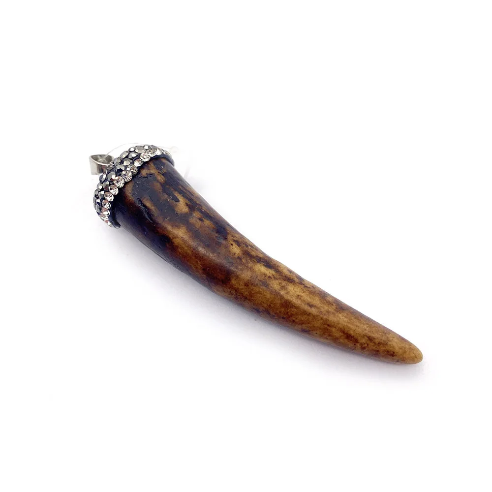 1pcs Natural Stone Resin Cow Bone Pendant Leaf-shaped Horn Coffee Brown Rhinestone DIY Making Necklace Fashion Jewelry 15-69mm