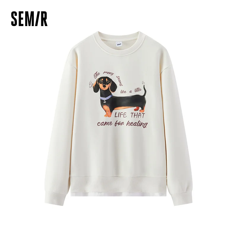 Semir Women Sweatshirt Fleece Lined Layered Look Dog Graphic Mid Length Urban Casual Style 2026 Winter Warm Layer Everyday Wear