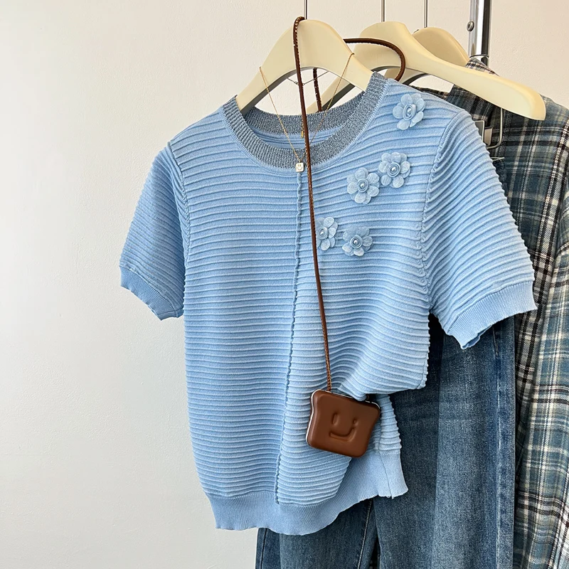 تي شيرت صيفي جديد أنيق مزين بالخرز لعام 2025 تي شيرت برقبة دائرية وأكمام قصيرة بلوفرات نسائية للمكتب للسيدات تي شيرت فضفاض غير رسمي