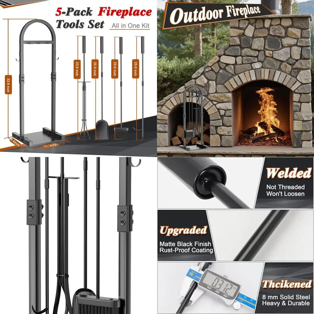 

5-Piece Heavy-Duty Fireplace Tool Set - Wrought Iron Style with Poker, Tongs, Shovel, Brush, and Holder for Indoor/Outdoor Use