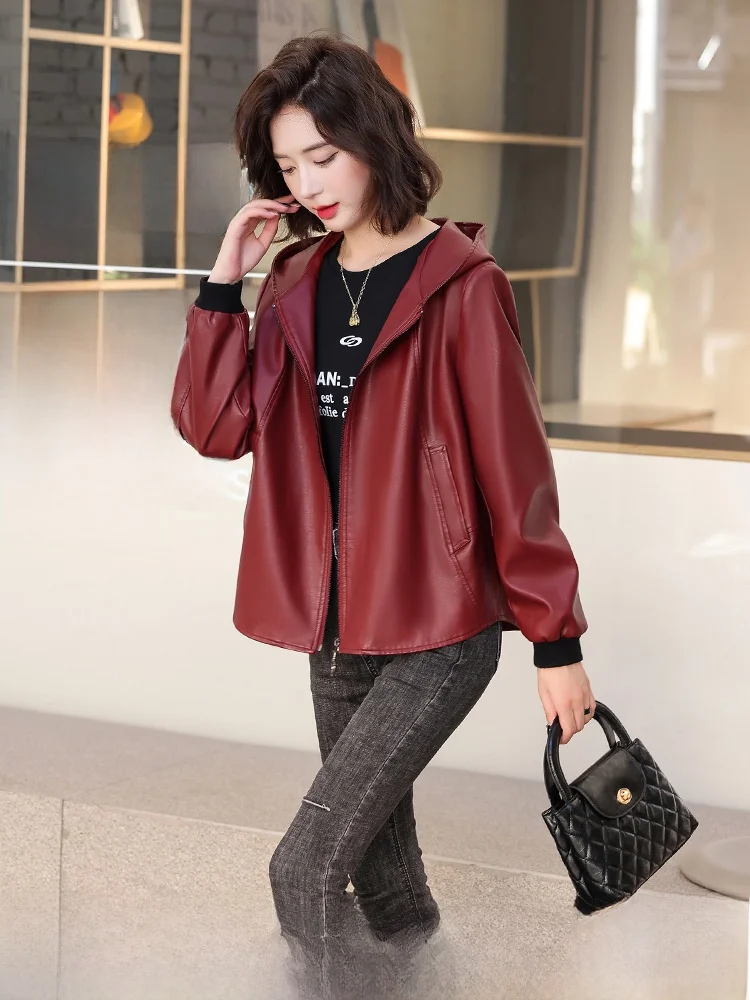 

Женская кожаная куртка из натуральной овчины Haining, короткая, с капюшоном, повседневная, свободного кроя, в корейском стиле, для похудения, верхняя одежда на весну-осень