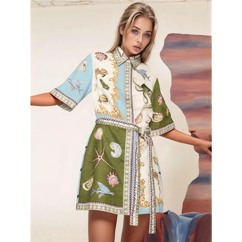 

ASDS-Women's Short Sleeve Belted Linen Mini Dress Cardigan Tie Summer Casual Flowy A-Line Skirt