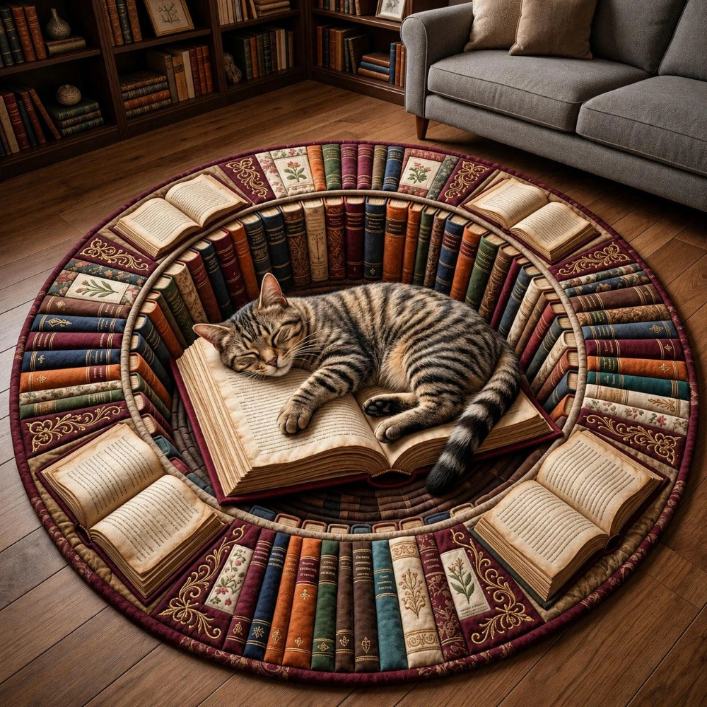 Realistic Sleeping Cat Library Round Rug 3D Bookcase Illusion Pattern Entryway Floor Mat Living Room Bedroom Carpet 2D flat