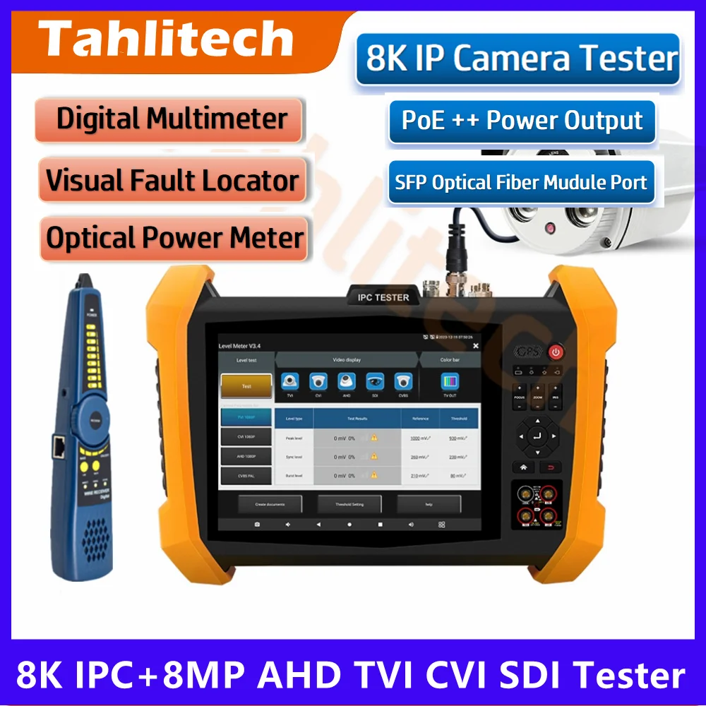8K HD CCTV Tester 8-Inch Display 2K IP Camera Test Tool with VGA HDMI CVI TVI AHD SDI POE++ Support SPF for Security Surveillanc