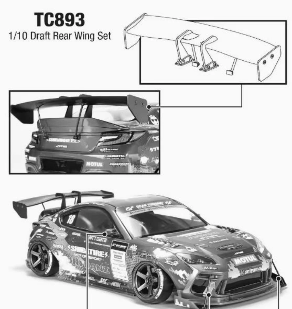 Scale 1/10 Plastic Tail Spoiler and Rear Mirrors set for RC Drift Car 1 10