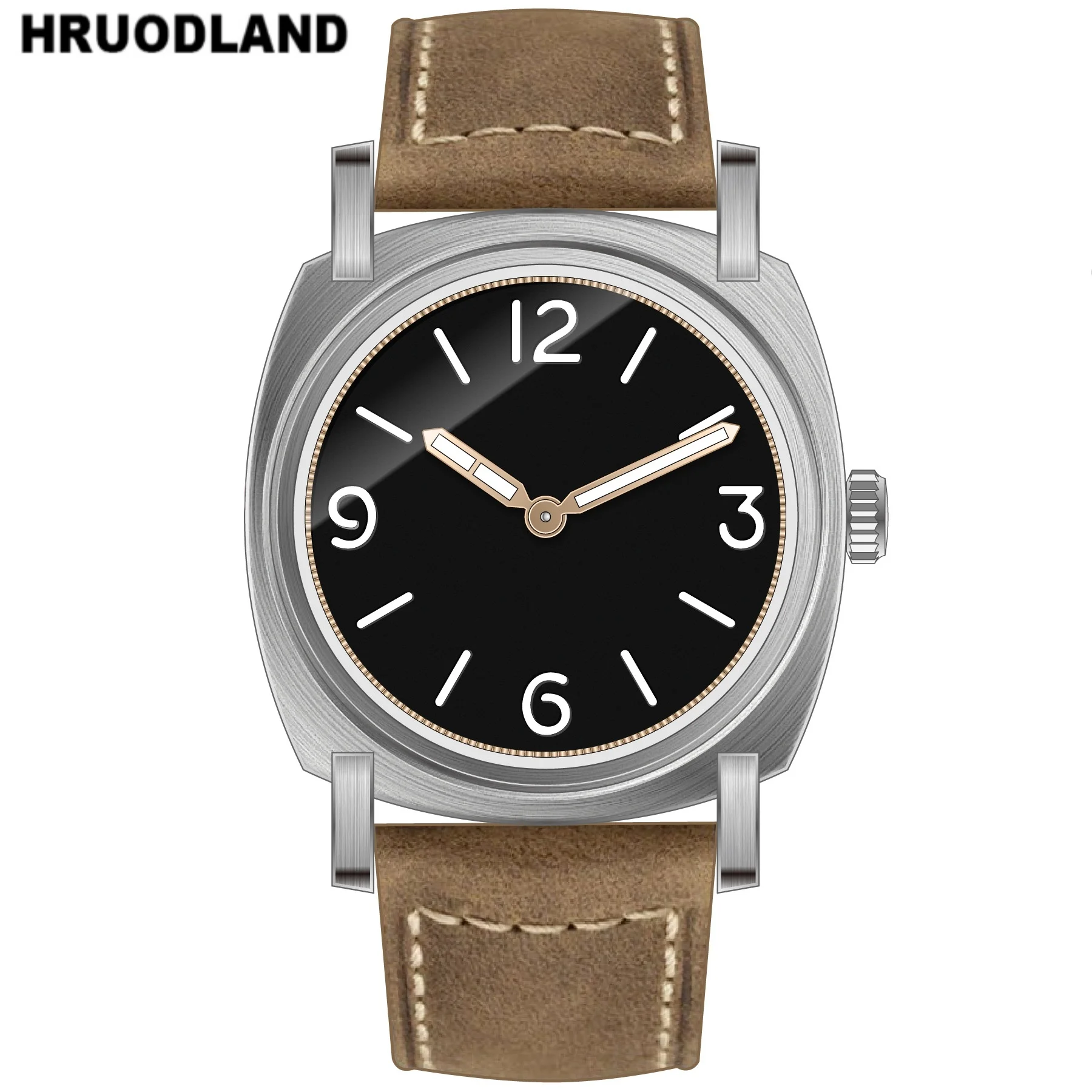 Hruodland Ronda 502 Retro Stainless Steel Quartz Mens Watches F017 BGW-Blue Luminous Genuine Brown Leather Strap Wristwatches