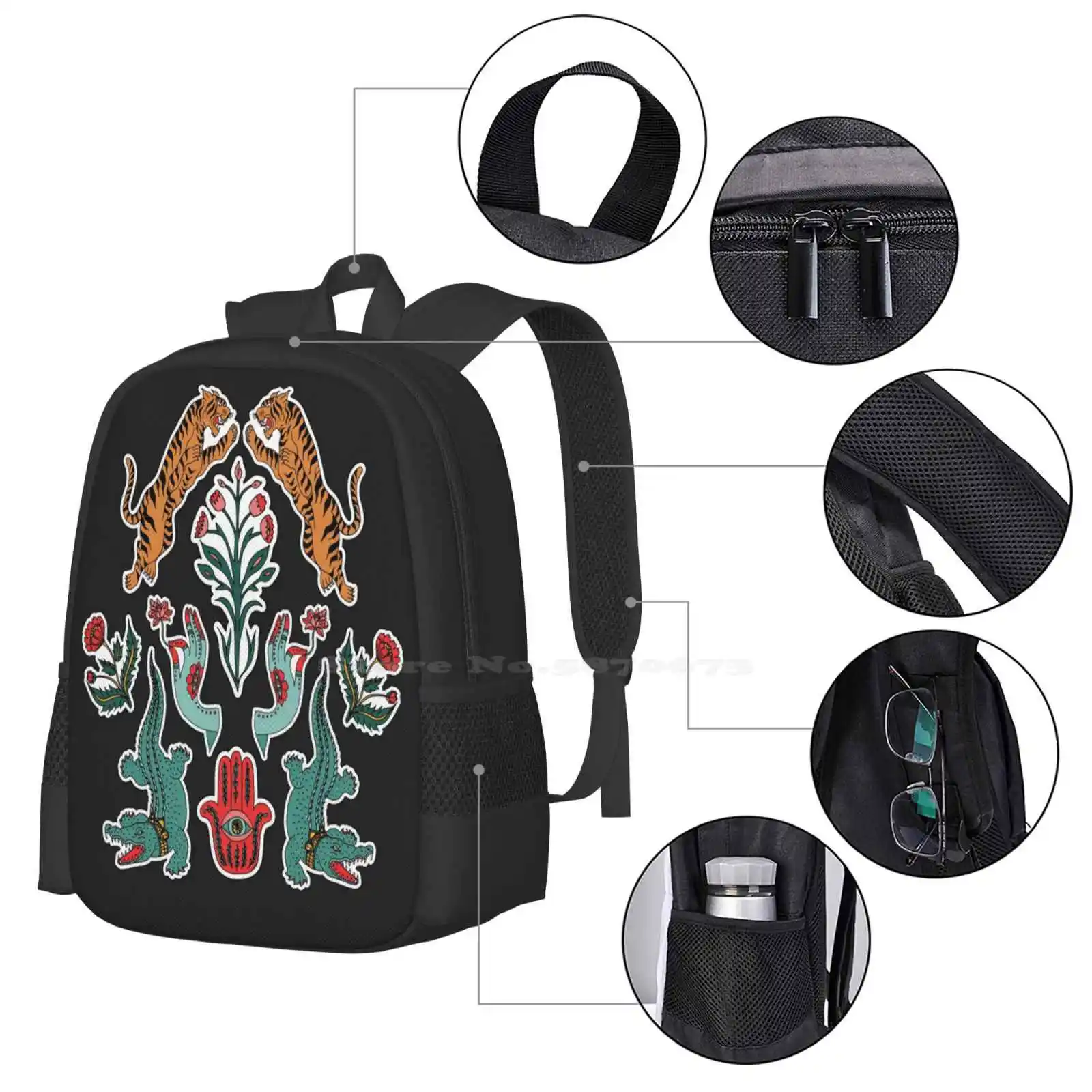 Indian Inspiration Pattern Design Bagpack School Bags Indian Tiger Boho Alligator Ethnic Flower Lamp Snake Yoga Patch Hand Hamsa